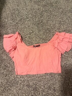 Zara Coral Pink Ruffle Sleeve Crop Top